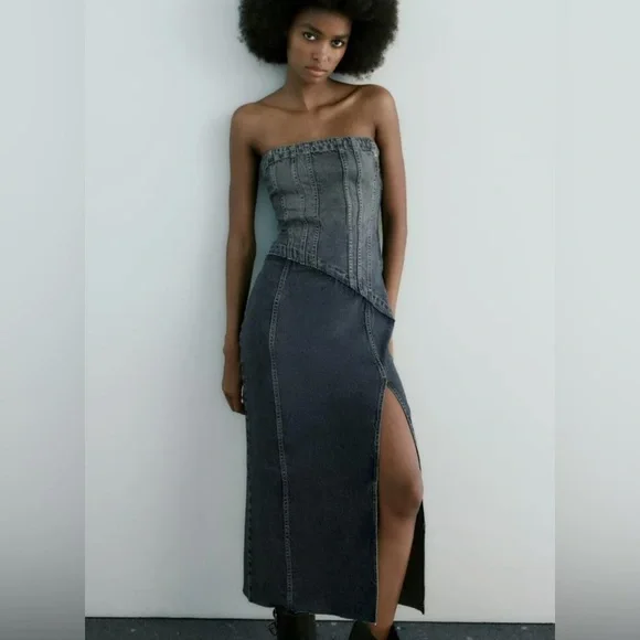 Zara TRF STRAPLESS DENIM MIDI DRESS. Navy Blue. Size XS. New with Tags. - Picture 1 of 10